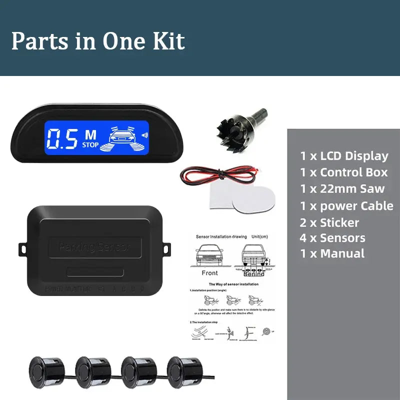 Hippcron car parking sensor kit by Simples Market with 4 black 22mm sensors and blue backlit LCD display