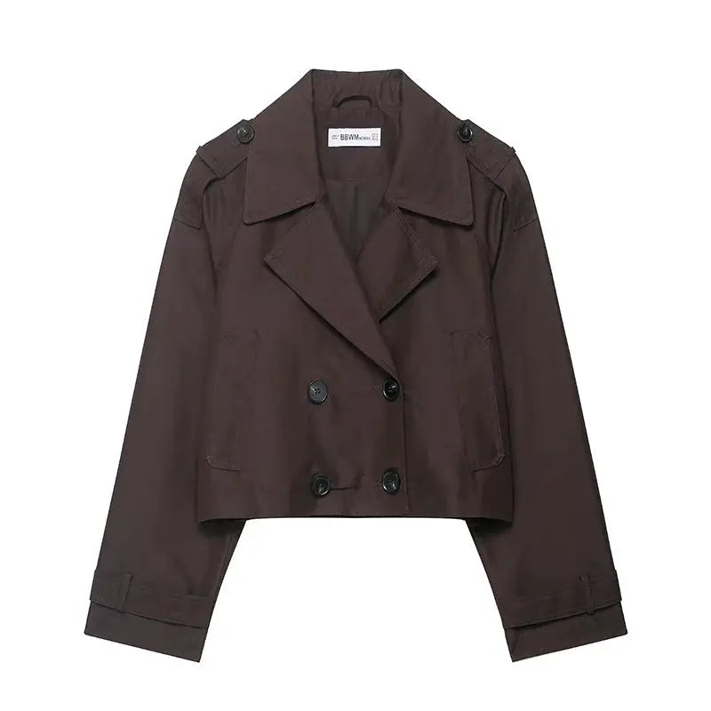 EleganceLane Double Breasted Short Trench Coat Vintage Style Turn Down Collar With Modern Comfort Womens Coat