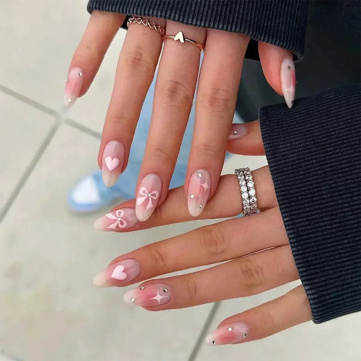 Glamora French Almond False Nails 24 Piece Press On Stiletto Tips With White Edge Design Glue Included For Wearable Glam