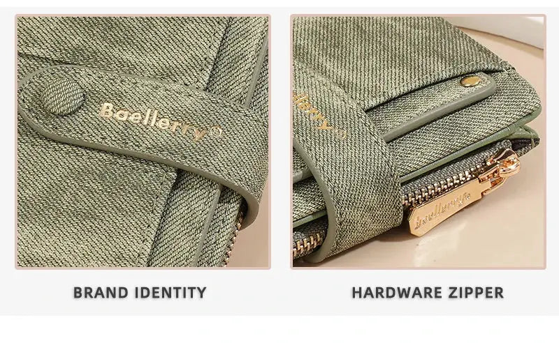 Baellerry green textured fabric women's short wallet with zipper coin pocket and detachable card clip