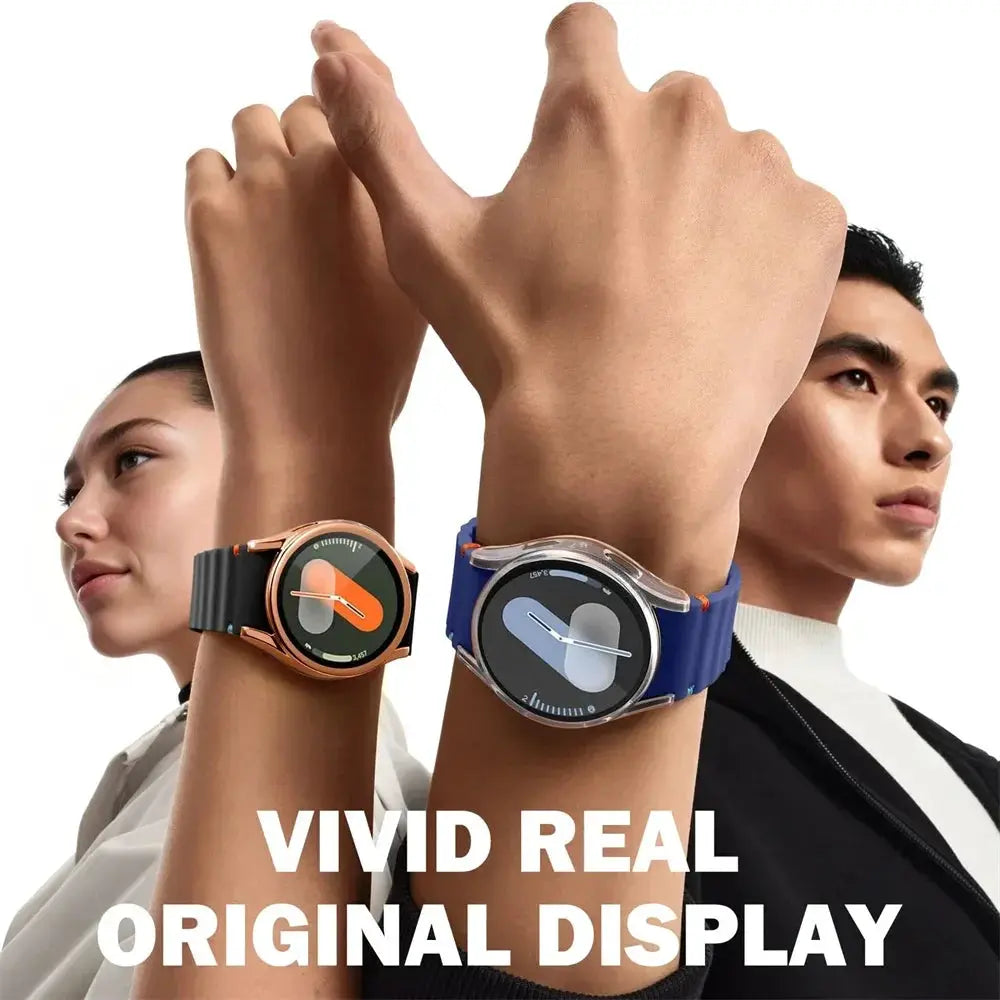 Full Cover TPU case for Samsung Galaxy Watch 7-6-5-4-FE; silicone bumper with screen protector; blue/orange accents