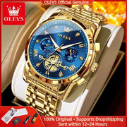 OLEVS luxury men's watch, gold-tone with blue dial, Roman numerals and moon phase subdials