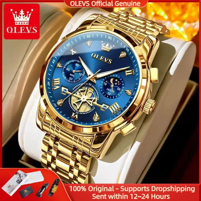 OLEVS luxury men's watch, gold-tone with blue dial, Roman numerals and moon phase subdials