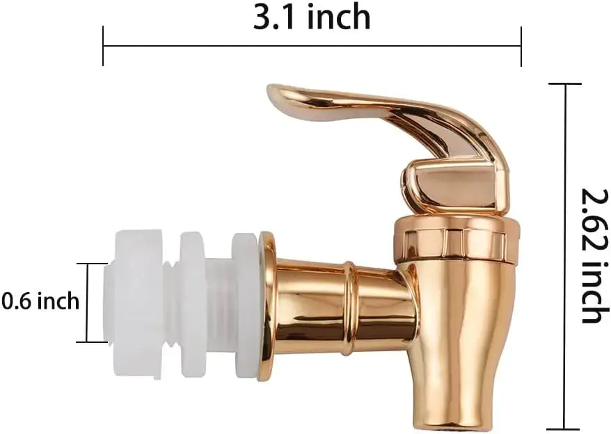 Gold-plated beverage faucet with white plastic connector for juice dispensers and home bars