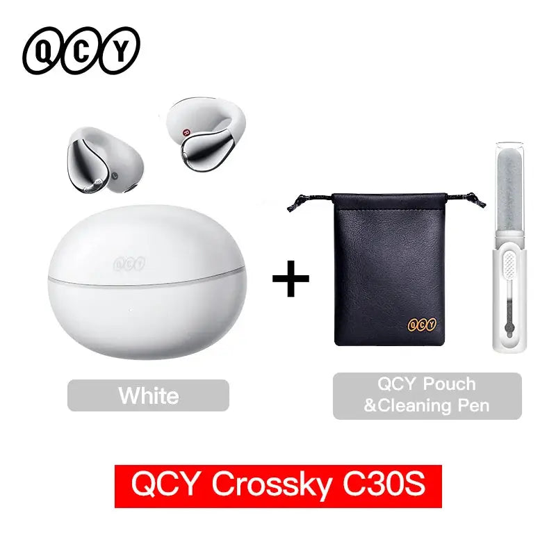QCY Crossky C30S open-ear wireless earphones white with charging case, 1 pouch and cleaning pen kit