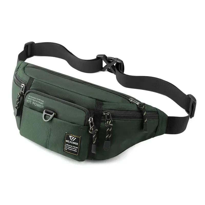 Men's green nylon waist fanny pack with WE POWER patch and multiple zip pockets