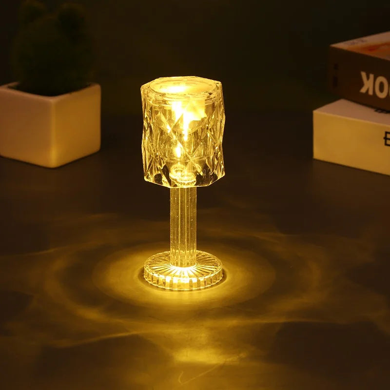 Mini crystal table lamp by Simples Market, battery-powered with warm amber LED night light.