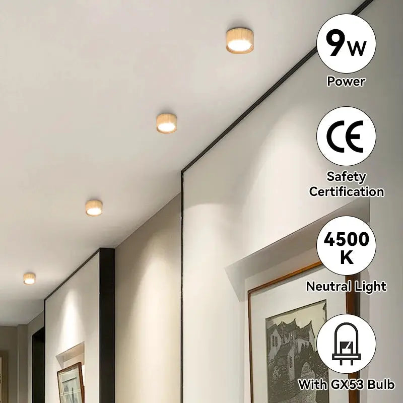GX53 wooden ceiling downlight set; five round recessed LED lights on a white ceiling, 9W, 4500K.
