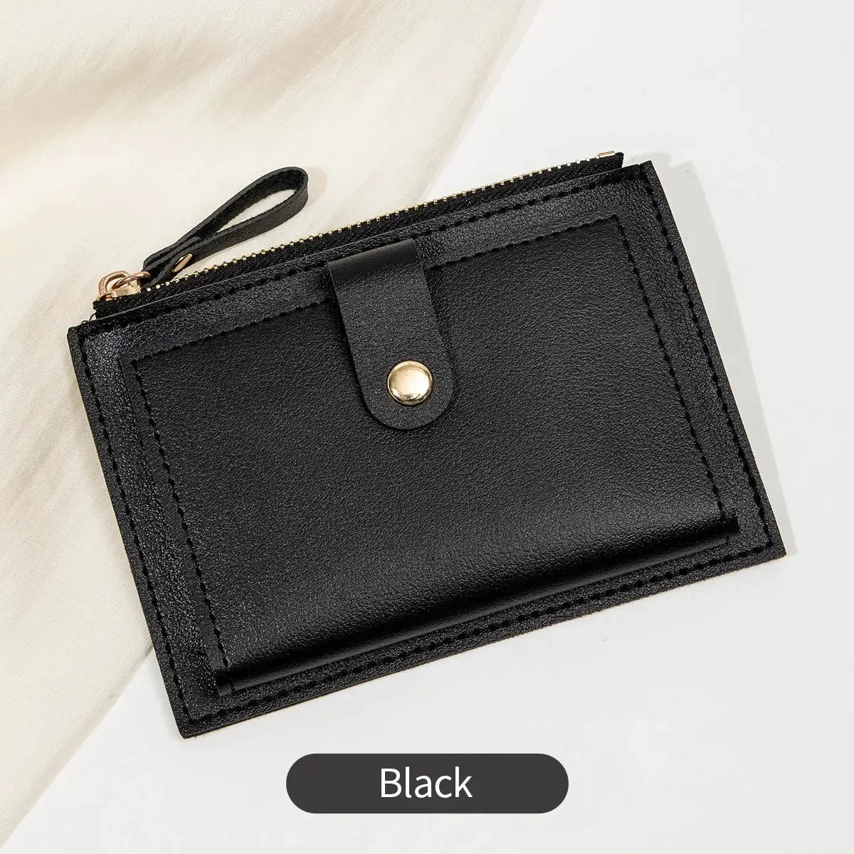 Simples Market black minimalist women's mini PU leather card wallet with zipper and snap strap