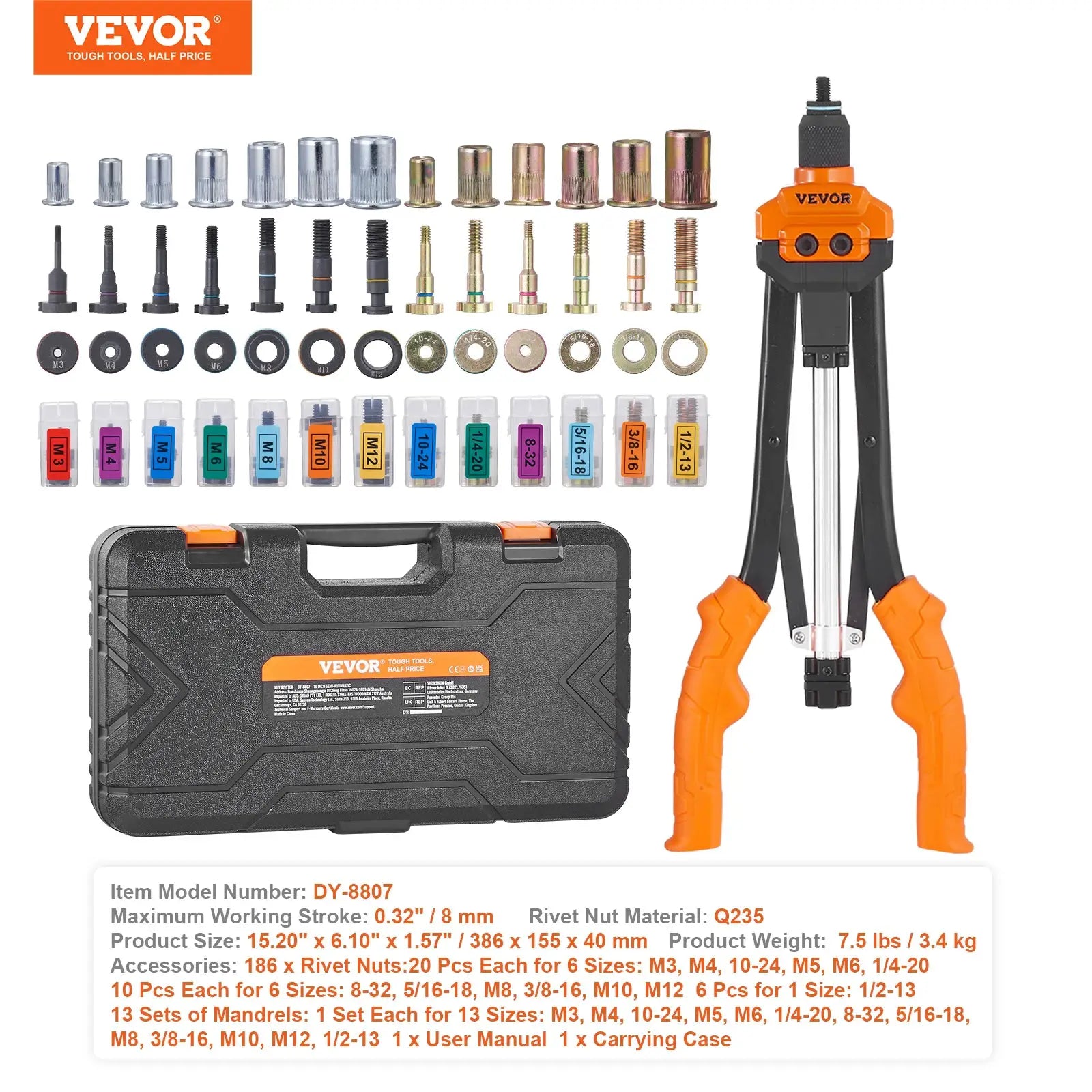 SucceBuy 14 Inch and 16 Inch Rivet Nut Tool Kit With Metric And SAE Mandrels 70 or 186 Piece Rivet Nuts In Rugged Case