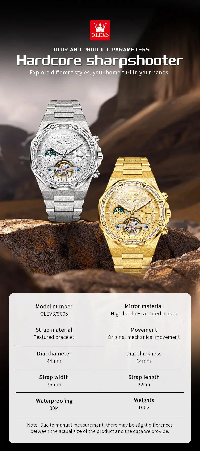 OLEVS dual-tone men's watches; silver steel and gold-tone models with crystal-studded bezels (2 watches)