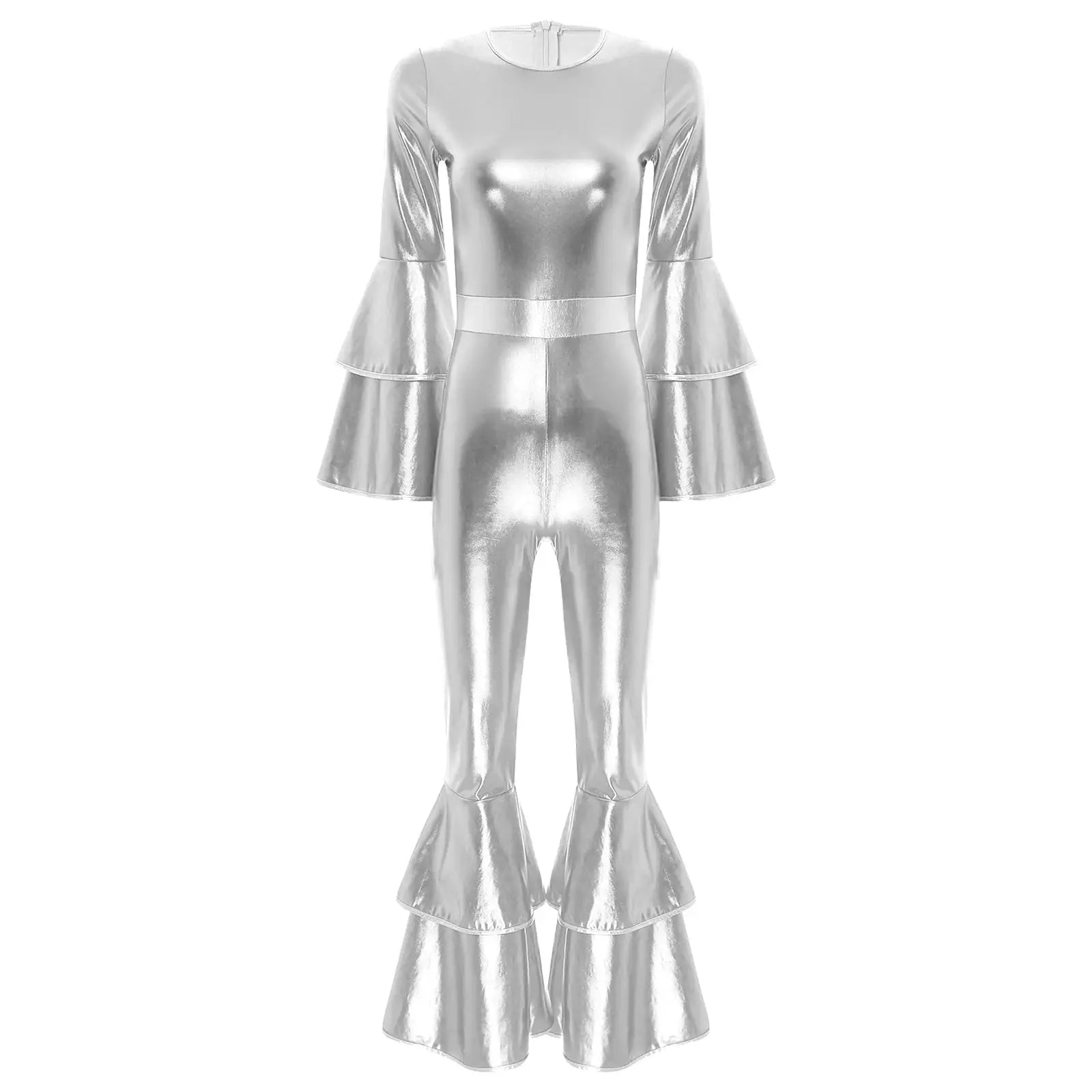 Simples Market womens metallic silver disco jumpsuit with flare bell sleeves and wide flared pants.