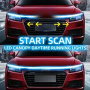 1pc dynamic meteor LED car hood light strip; blue daytime running lights on red sedan, universal fit.