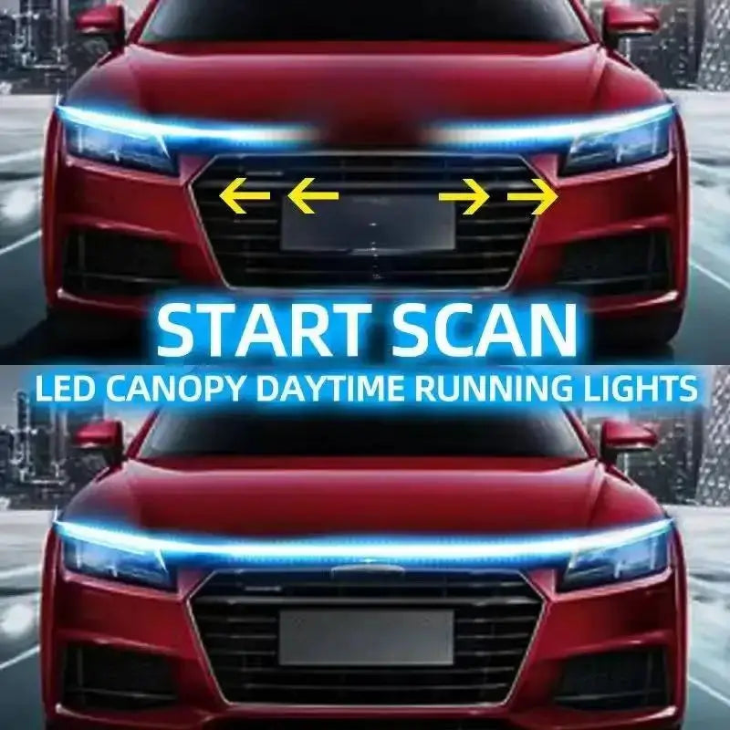 1pc dynamic meteor LED car hood light strip; blue daytime running lights on red sedan, universal fit.
