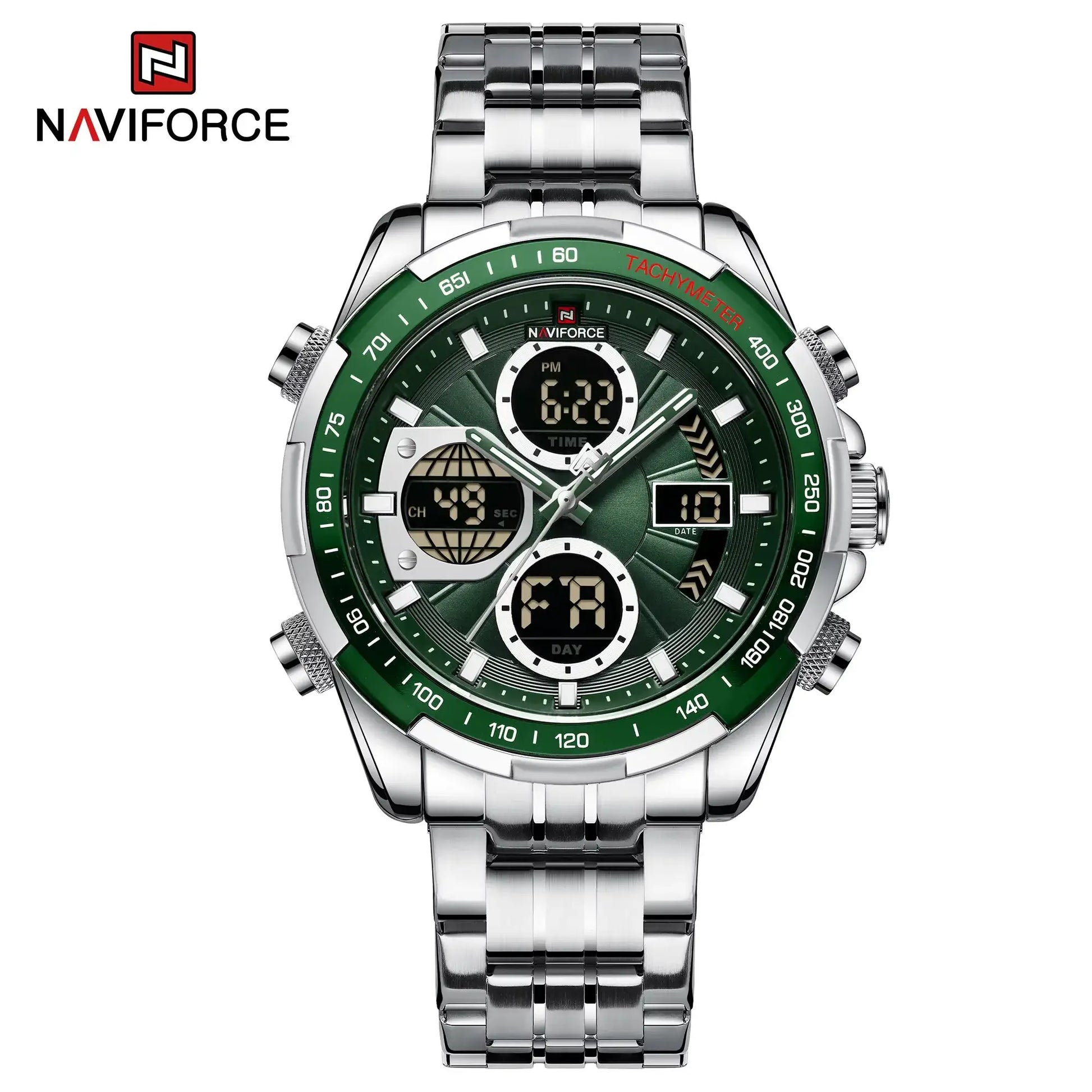Naviforce men's stainless steel chronograph military watch with green tachymeter bezel