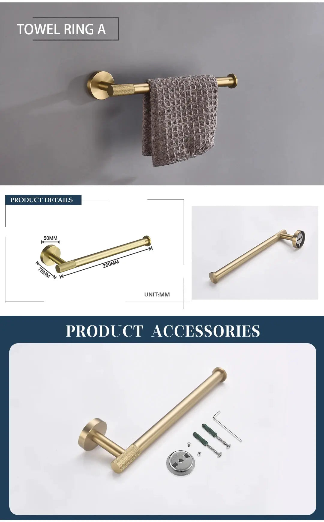 Simples Market brushed gold knurled brass bathroom hardware set with towel bar, towel ring, robe hook