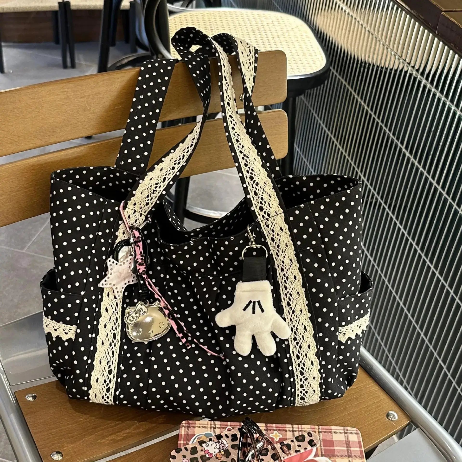 Korean vintage canvas shoulder bag for women by Simples Market, black with white polka dots and lace trim, large tote