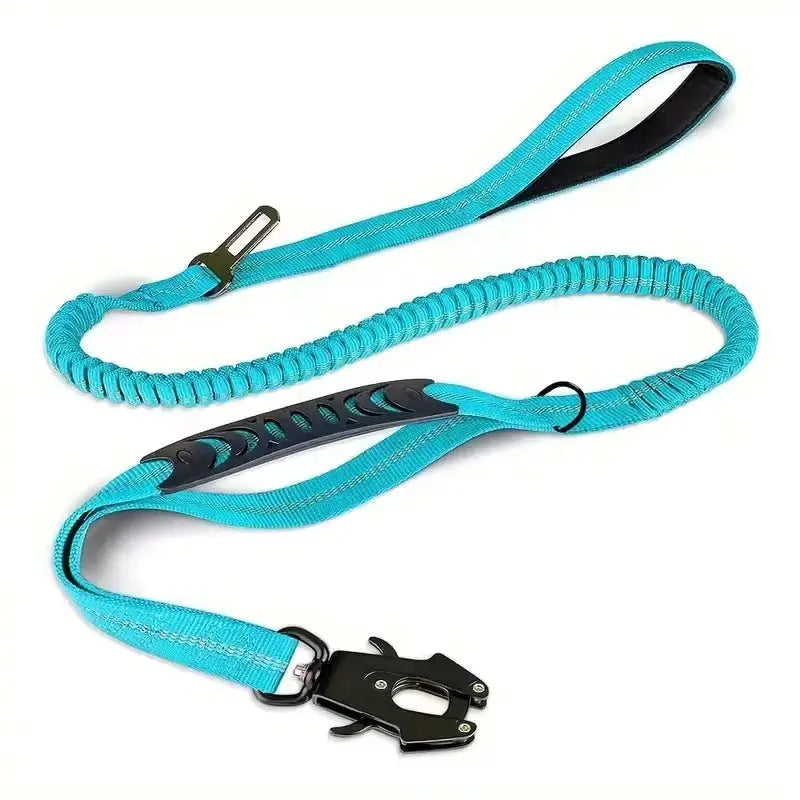 Simples Market reflective shock-absorbing dog leash with car-seatbelt clip, turquoise bungee lead for large dogs