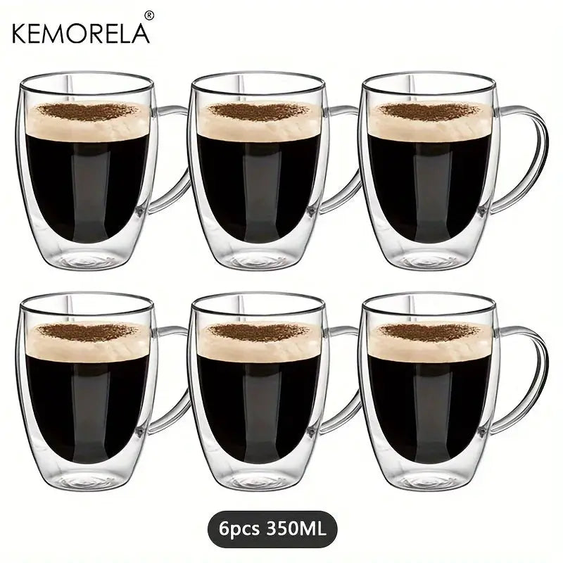Set Of 2 4 6 350ml Double Wall Glass Mugs With Handle Transparent Cappuccino Coffee Tea Juice Cup