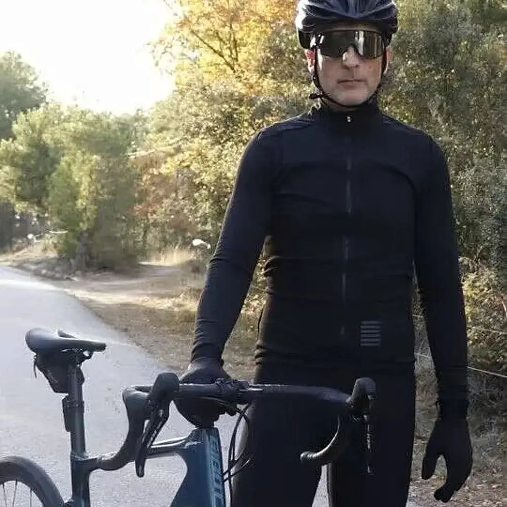 Men's cycling jacket, black long-sleeve fleece-lined warm top for road and MTB riding