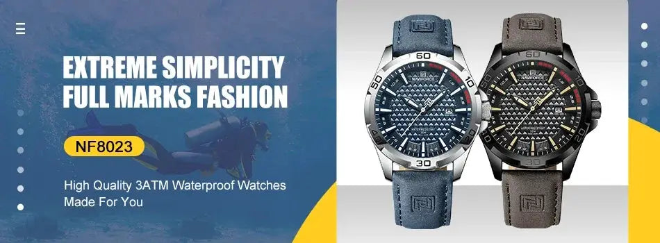 NAVIFORCE men's military watches pair; two chronograph wristwatches with blue and brown leather straps, 3ATM waterproof