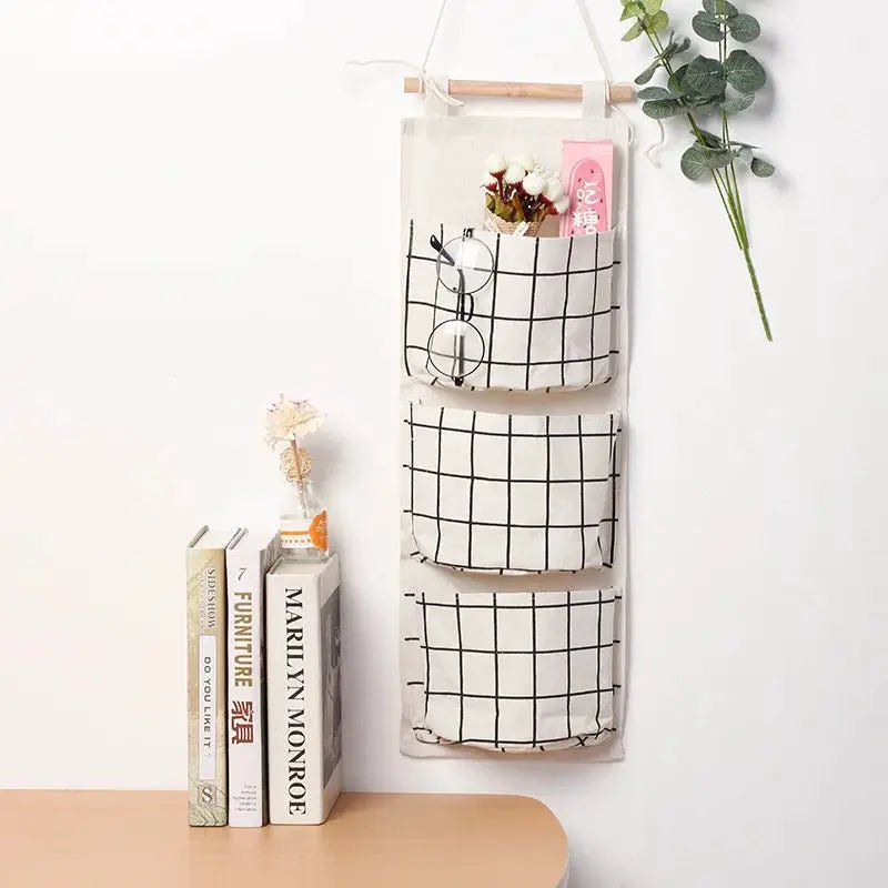 Three Pocket Hanging Wall Storage Bag Cotton Linen Organizer For Bedroom Living Room Kitchen Door Or Wall Mount - Simples Market