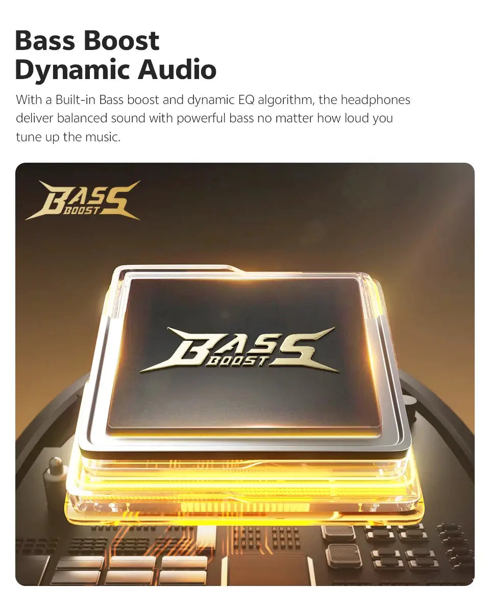 QCY Crossky R70 open-ear headphones by Simples Market; Bass Boost logo on glowing processor chip artwork