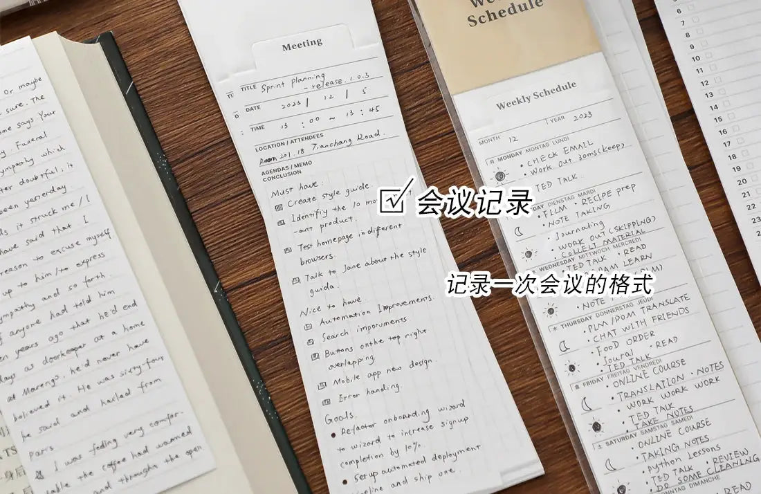 MINKYS 24-sheets kawaii bookmark-type memo pads; weekly planner and to-do list on wood desk