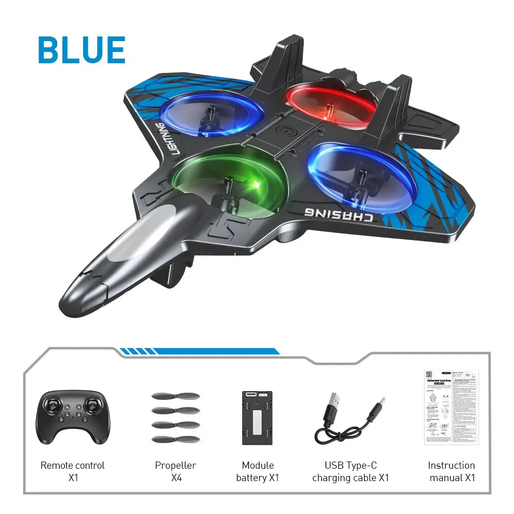 Blue E72 High stunt UAV quadcopter with LED rotor lights; includes remote, 4 propellers, battery, USB-C cable, manual