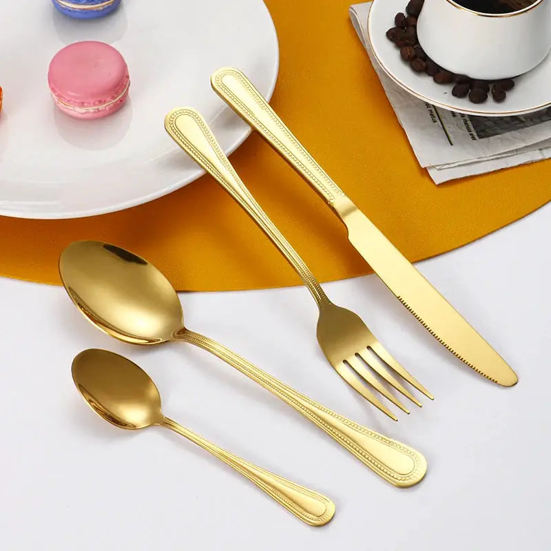 24 Piece Stainless Steel Gold Cutlery Set For 6 With Steak Knives Forks Spoons Dessert Forks Restaurant Kitchen
