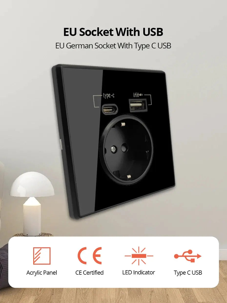 Black acrylic mirror wall outlet with EU socket, 20W PD Type-C and USB charger