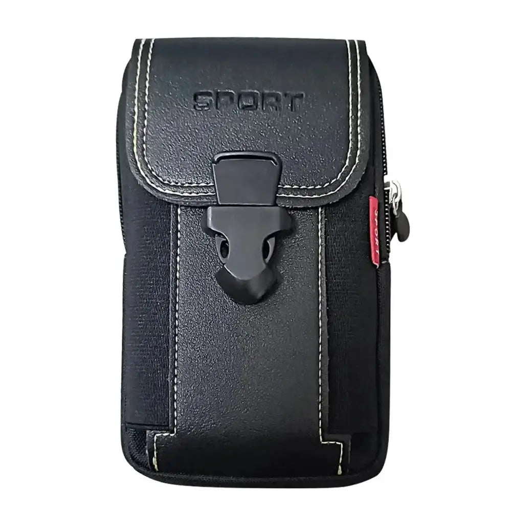 Unisex phone holster belt pouch in black with front buckle and white stitching, compact tactical design