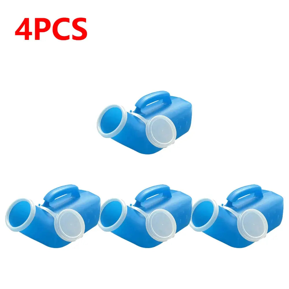 Male urinal bottle set, 1200ml, blue thick-plastic with lids, 4-pack.