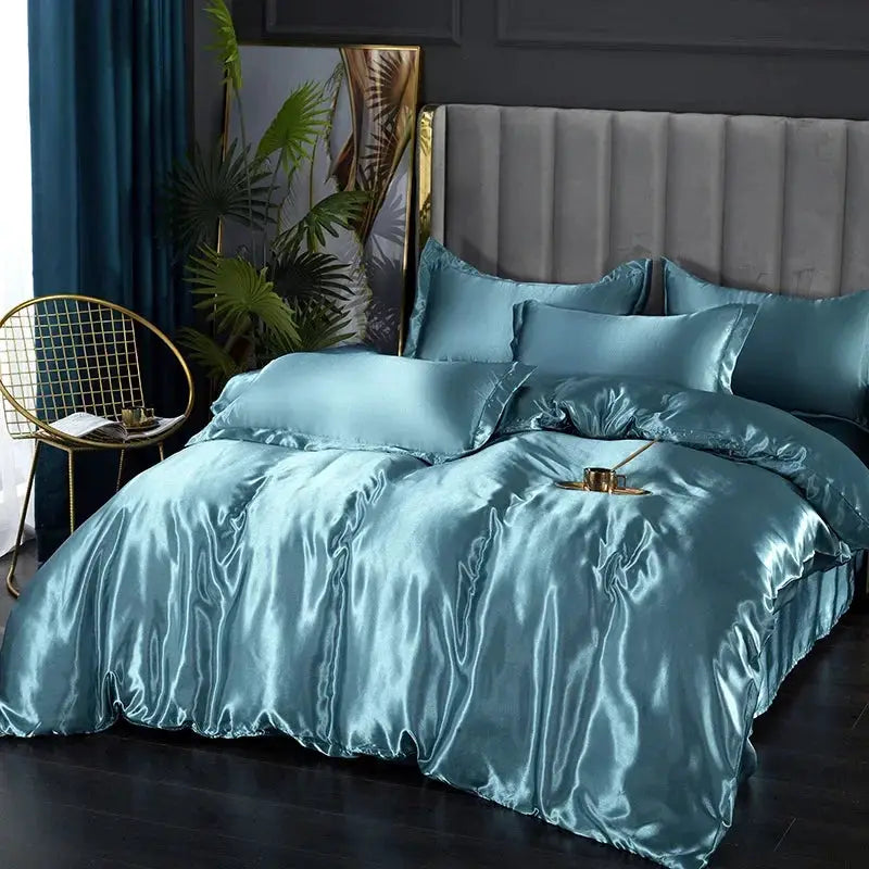 Simples Market silk satin bedding set in teal with duvet cover, sheets and pillowcases