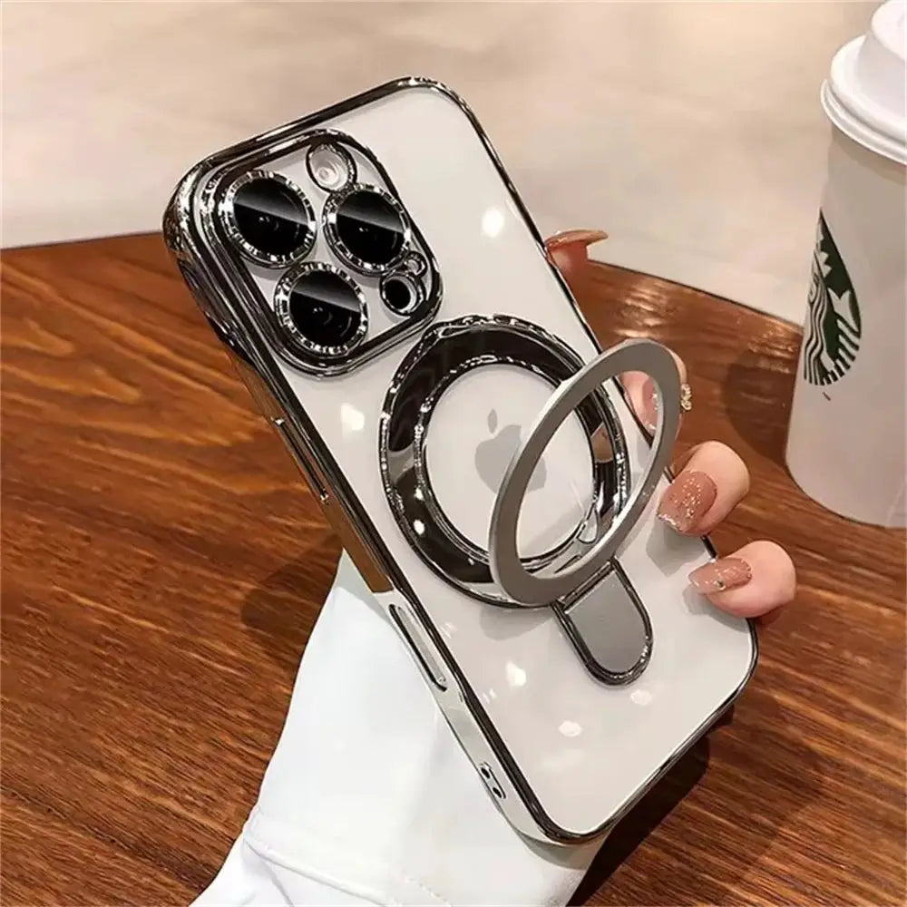MagSafe bracket phone case with ring stand and lens protector for iPhone 11–17 Pro Max, white glossy finish.