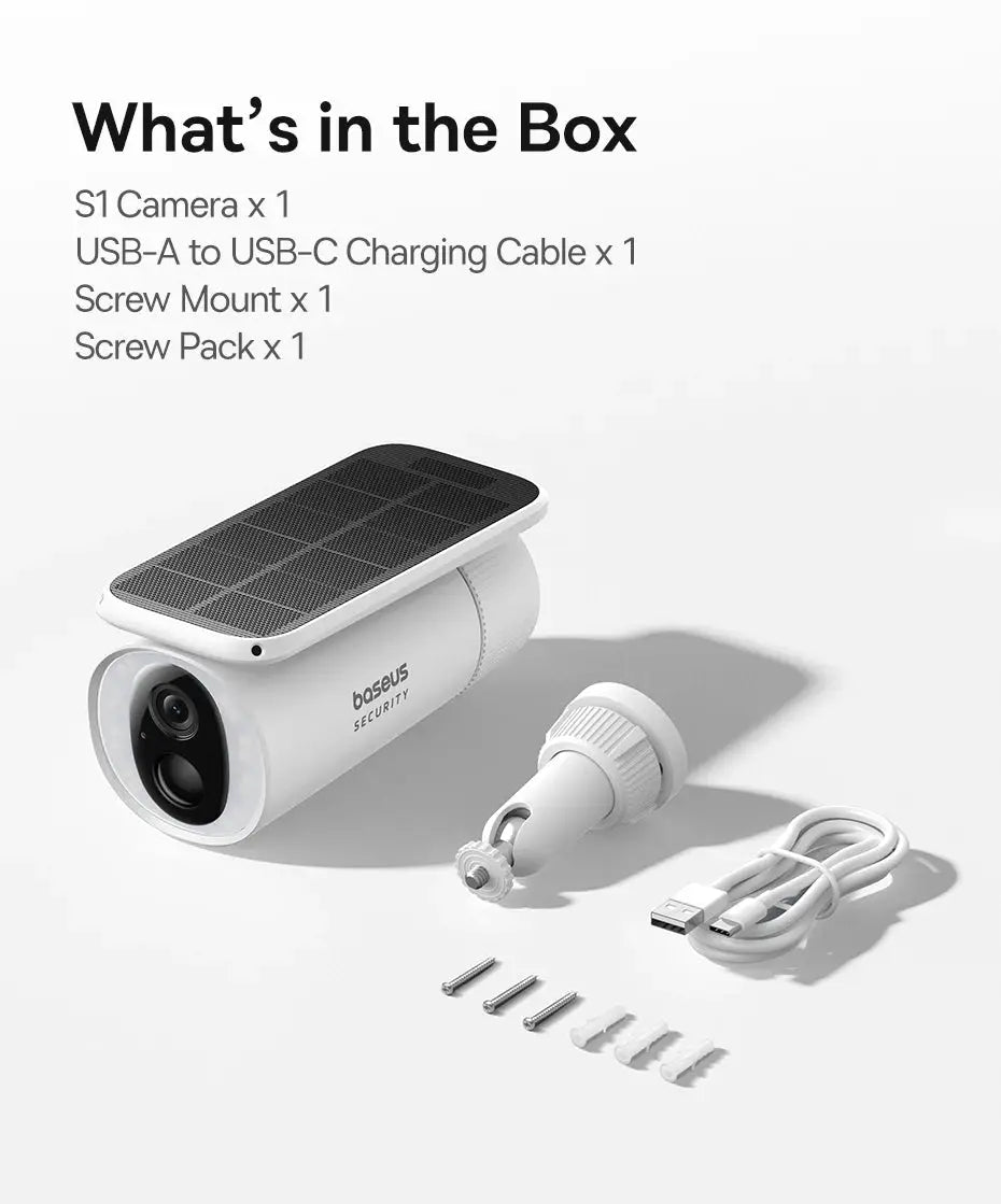 Baseus Security S1 outdoor camera with solar panel; USB-A to USB-C cable x1, screw mount x1, screw pack x1.