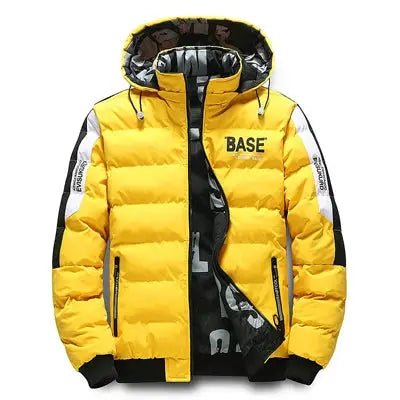DIMUSI men's yellow padded down jacket with hood, BASE logo, black lining, zip pockets.