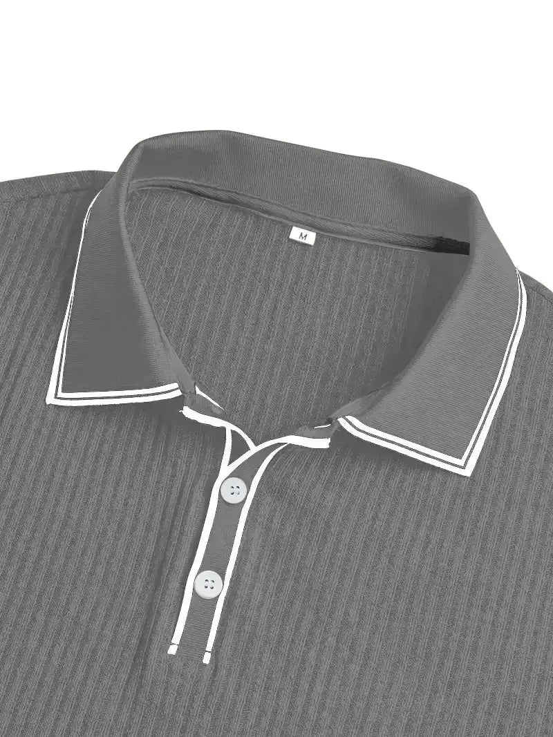 Men's polo shirt, short-sleeve, solid grey with white piping on collar and placket.