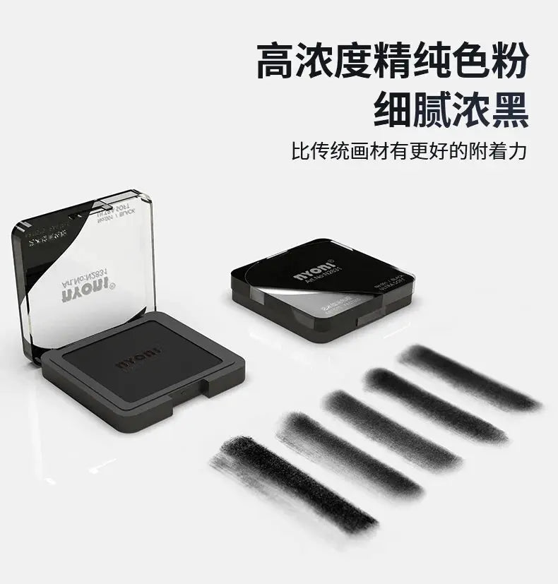 Simples Market soft artist charcoal and graphite powders; pair of compact tins with lids and black swatches