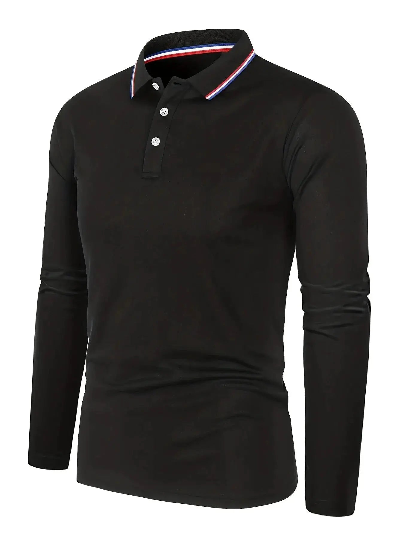 Men's black long-sleeve polo shirt with striped collar and 3-button placket.