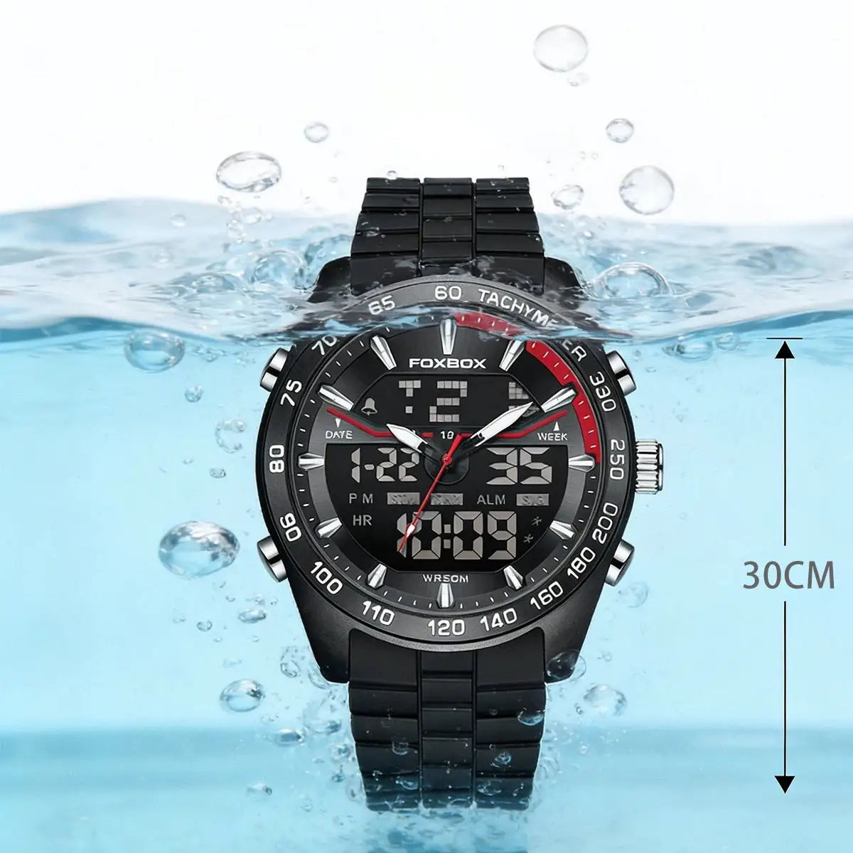 FOXBOX luxury men's digital watch with black metal bracelet and tachymeter bezel, 30m waterproof