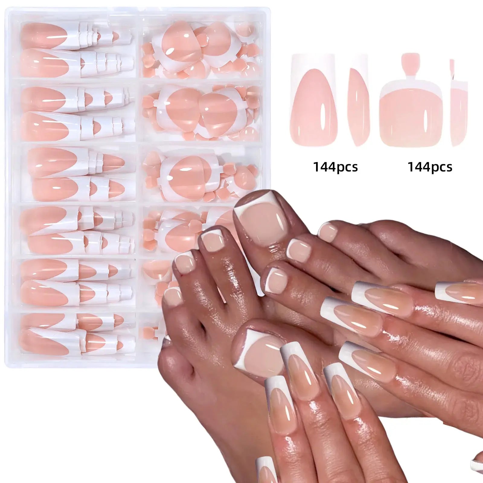 144 Pcs French Manicure Nail Set For Hands And Feet Summer Short Square Shiny Acrylic Full Coverage