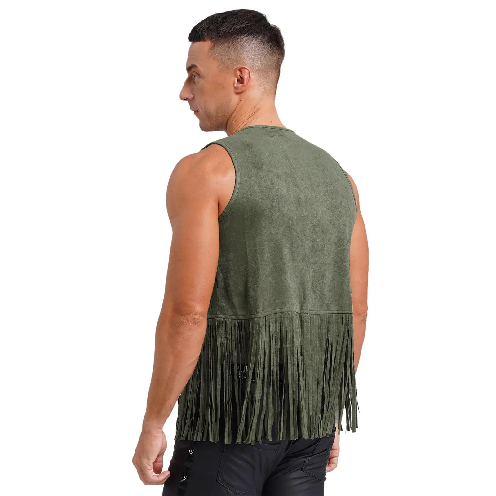 Mens faux suede fringe tassel vest open-front sleeveless waistcoat in olive green, Simples Market