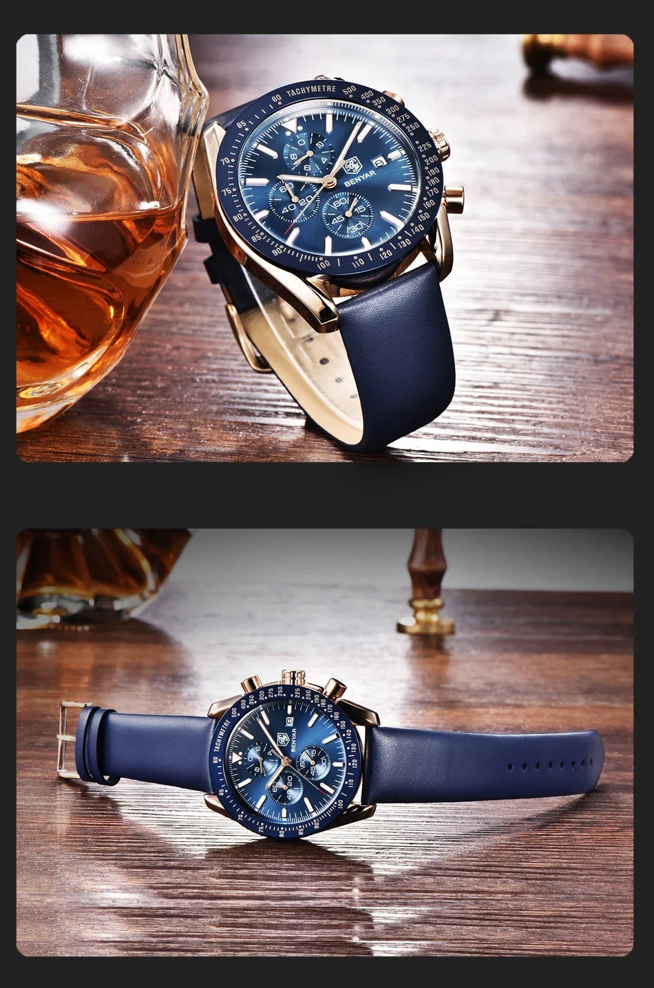 Men's BENYAR luxury chronograph watch with blue dial, blue leather strap, and gold-tone case