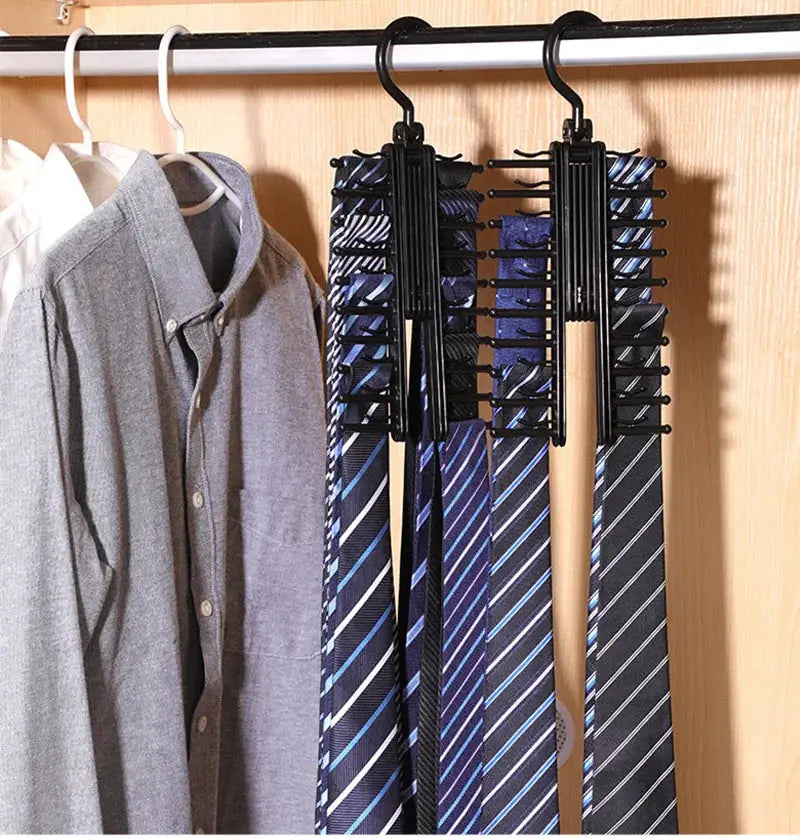 Adjustable 360-degree rotating tie rack, black plastic belt and scarf organizer, 2-pack