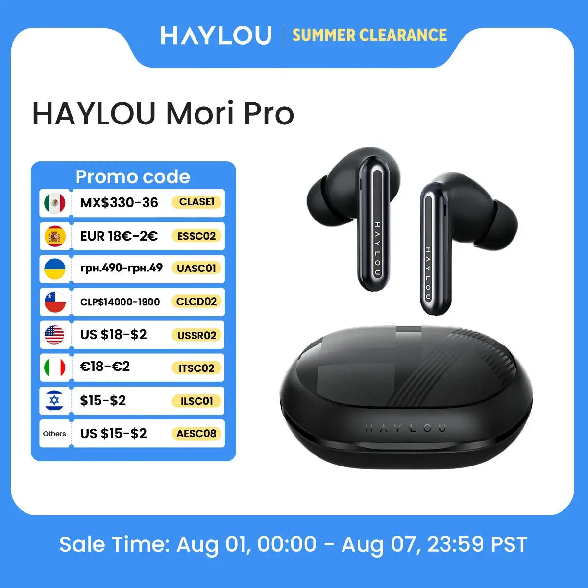 Haylou Mori Pro wireless earbuds pair in black with charging case