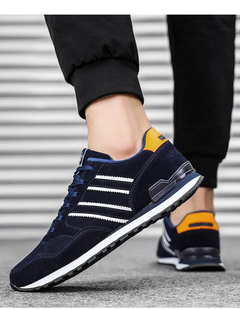 Simples Market artificial leather men's casual sneakers, navy with white stripes and orange heel tab