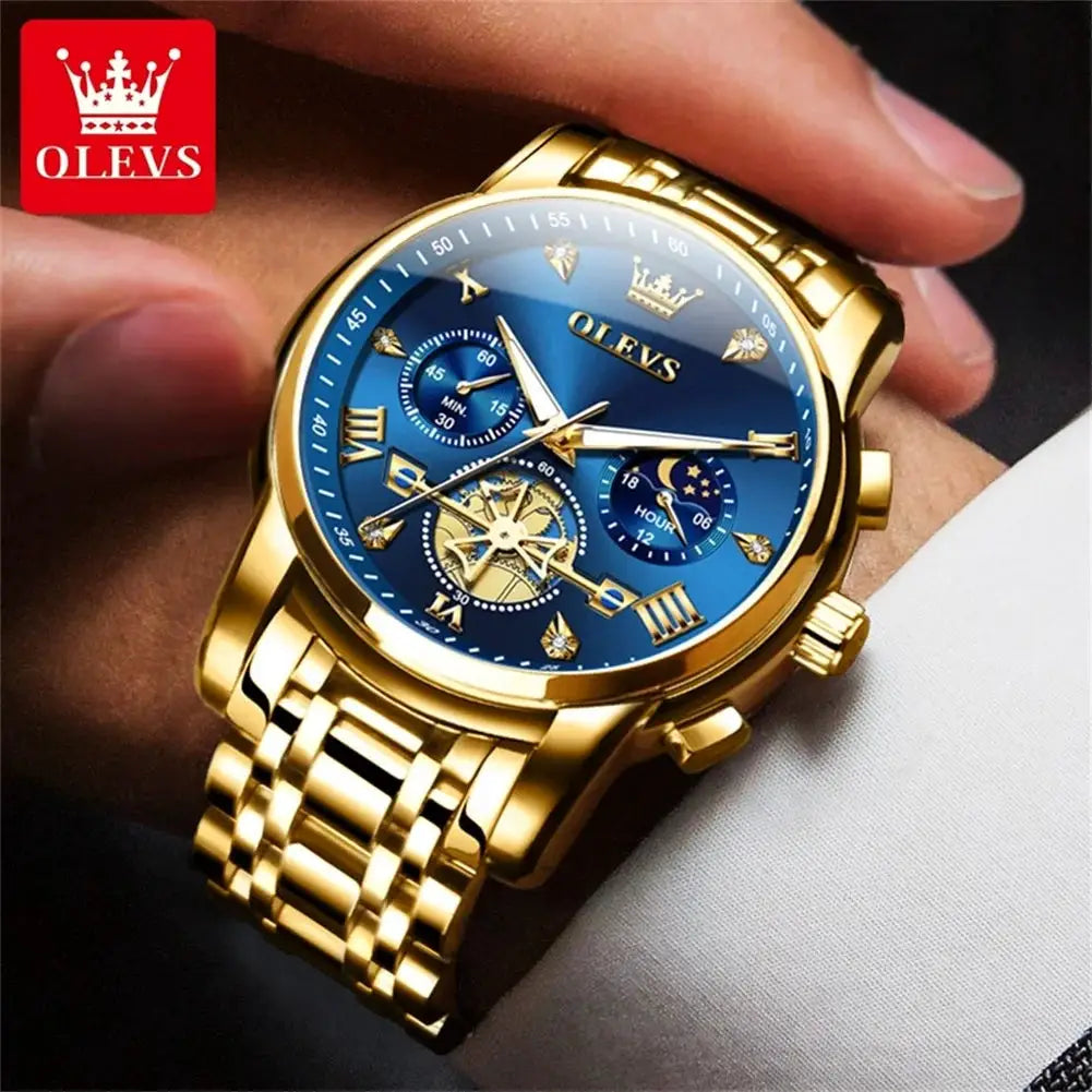 Men's luxury OLEVS watch with blue dial and gold-tone stainless steel bracelet, moon phase subdial