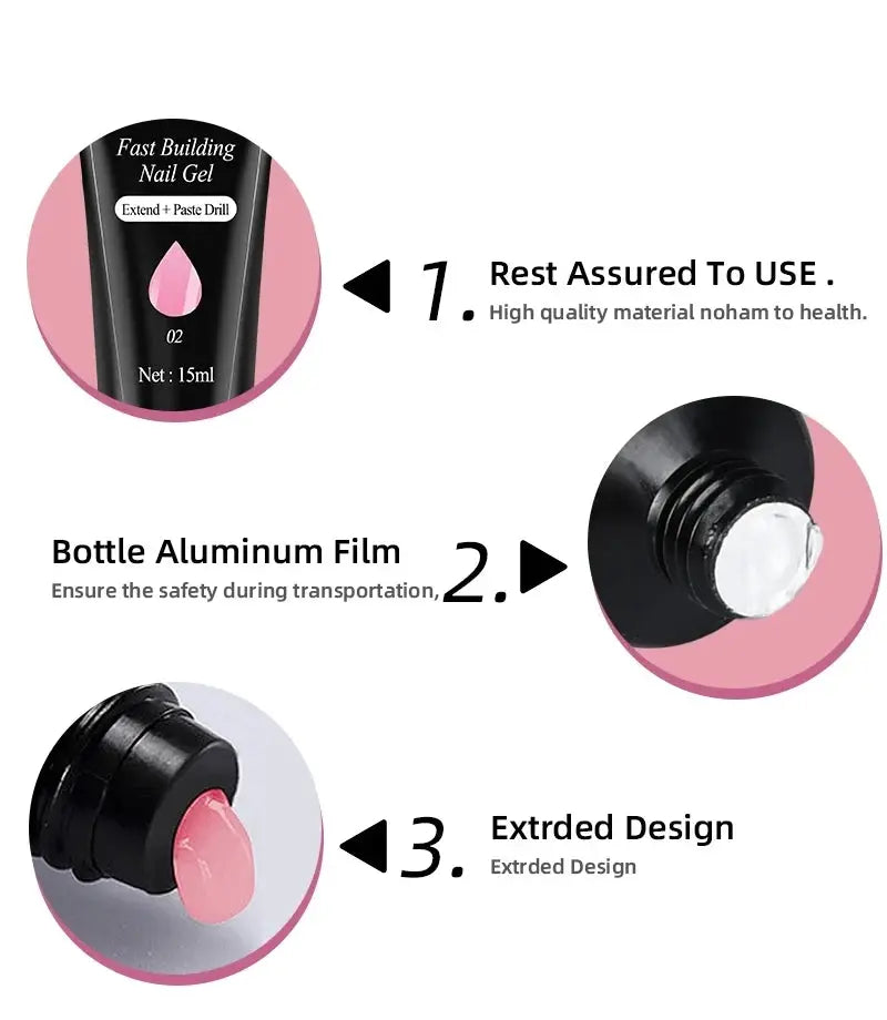 Professional gel nail polish kit with pink gel bottles and black caps, showcasing step-by-step design details.