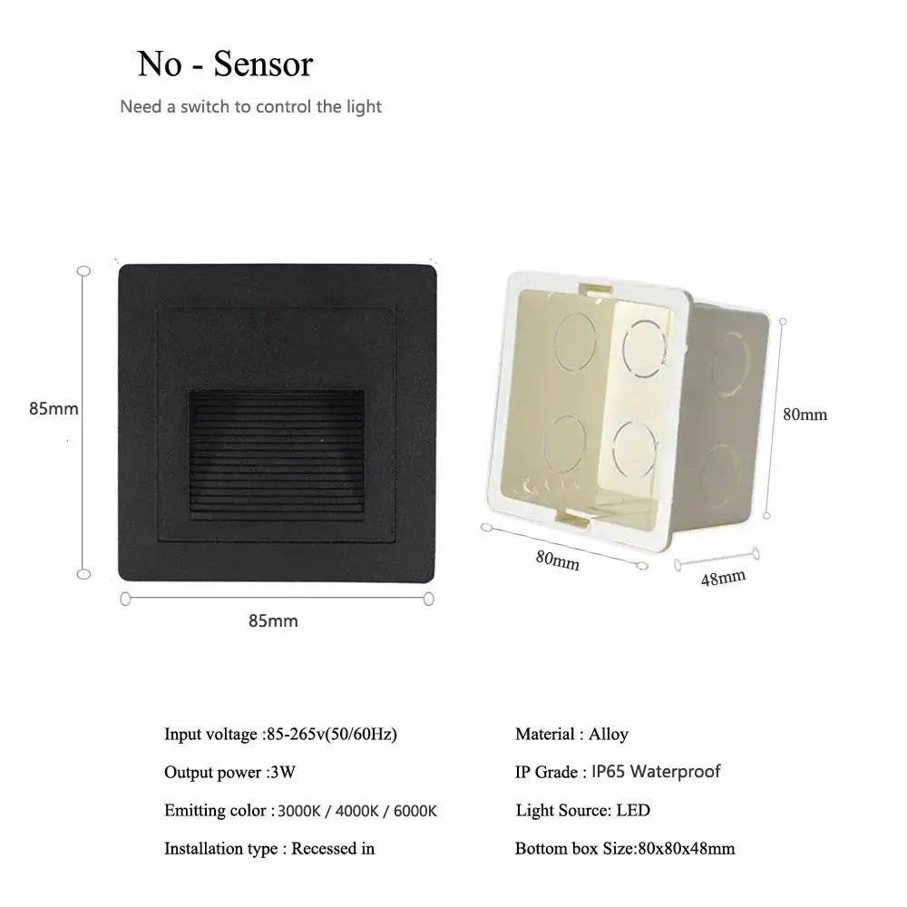 Simples Market recessed outdoor wall lamp with embedded LED, IP65 waterproof, 3W, square black faceplate